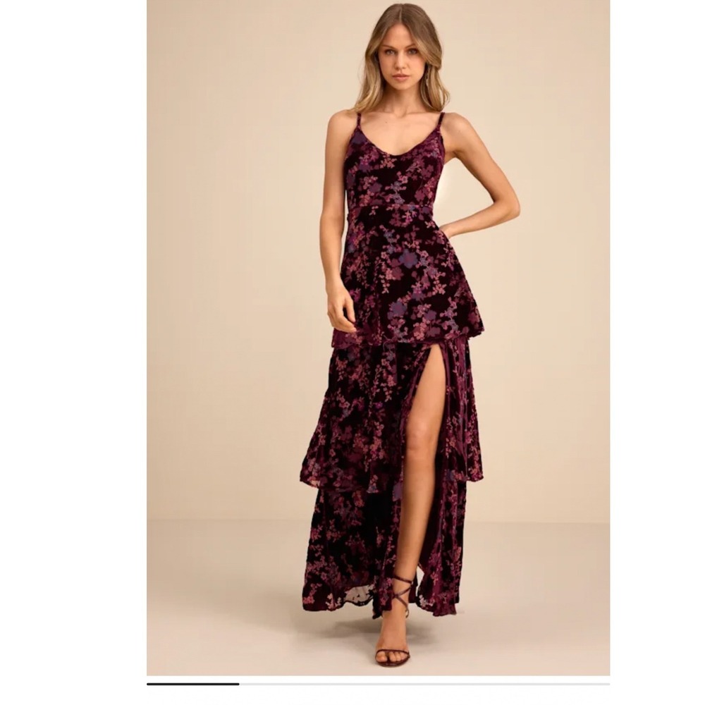 Lulus I Love You Amore Plum Purple Floral Velvet Tiered Maxi Dress Size Medium